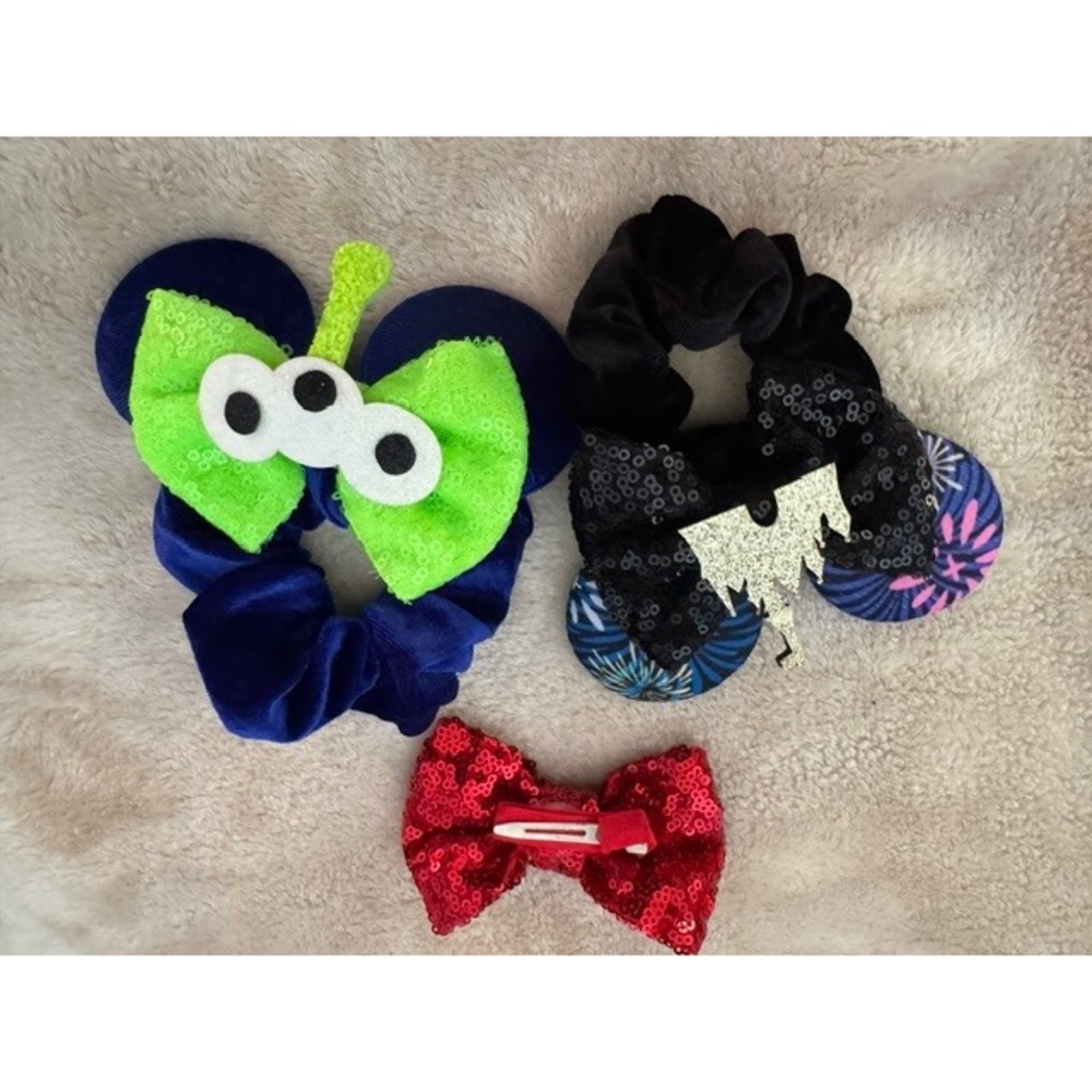 Disney Inspired Hair Accessory Lot Alien Castle Scrunchies Red Sequin Bow Clip